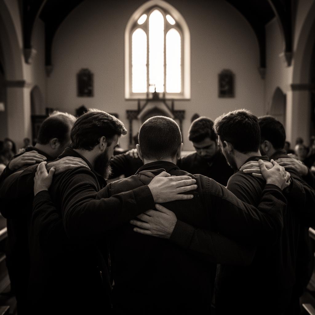 Men gathered in prayer and brotherhood