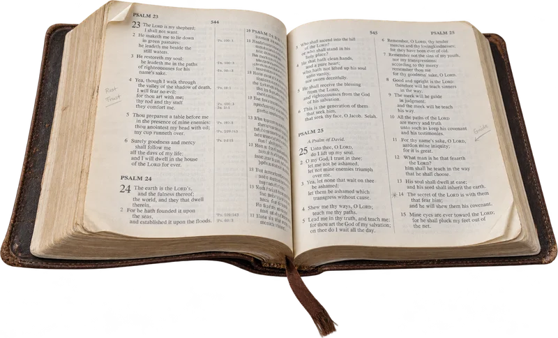 An open Bible with worn pages